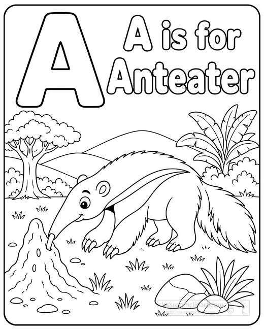 Black and white coloring page showing a smiling anteater beside a termite mound with a large letter A and jungle plants