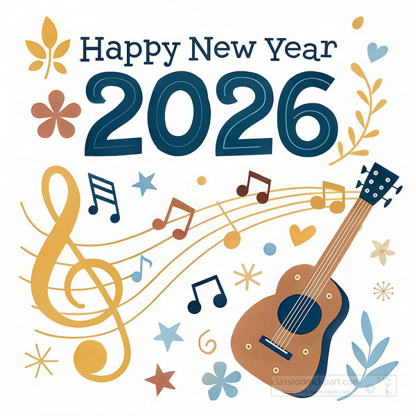Musical new year design with bold happy new year 2026 text flowing staff lines colorful music notes and an acoustic guitar great for concerts music events and party invitations for the new year