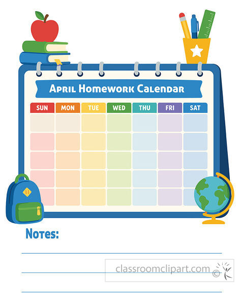 Apri homework calendar template with notes lines school supplies a blank weekday grid backpack books and globe