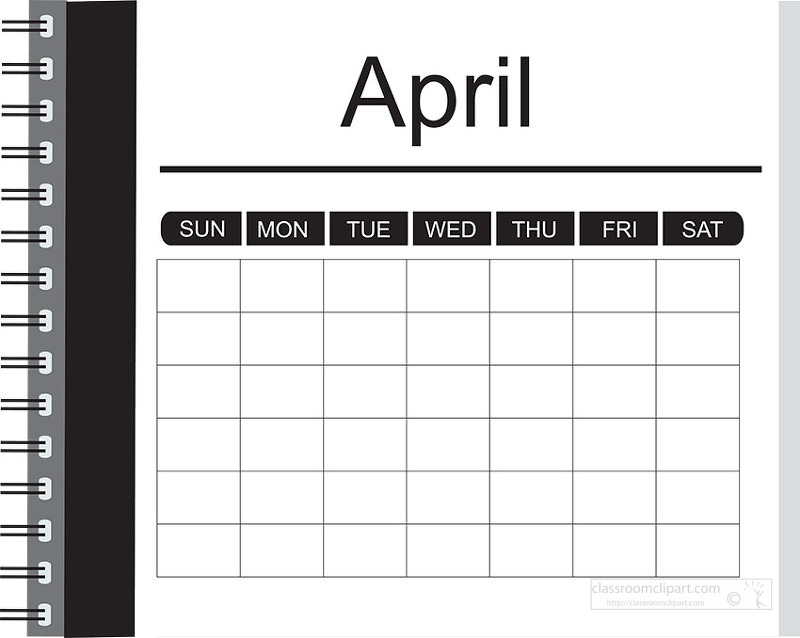 Simple april calendar designed like a planner notebook page with clear weekday headings and blank boxe