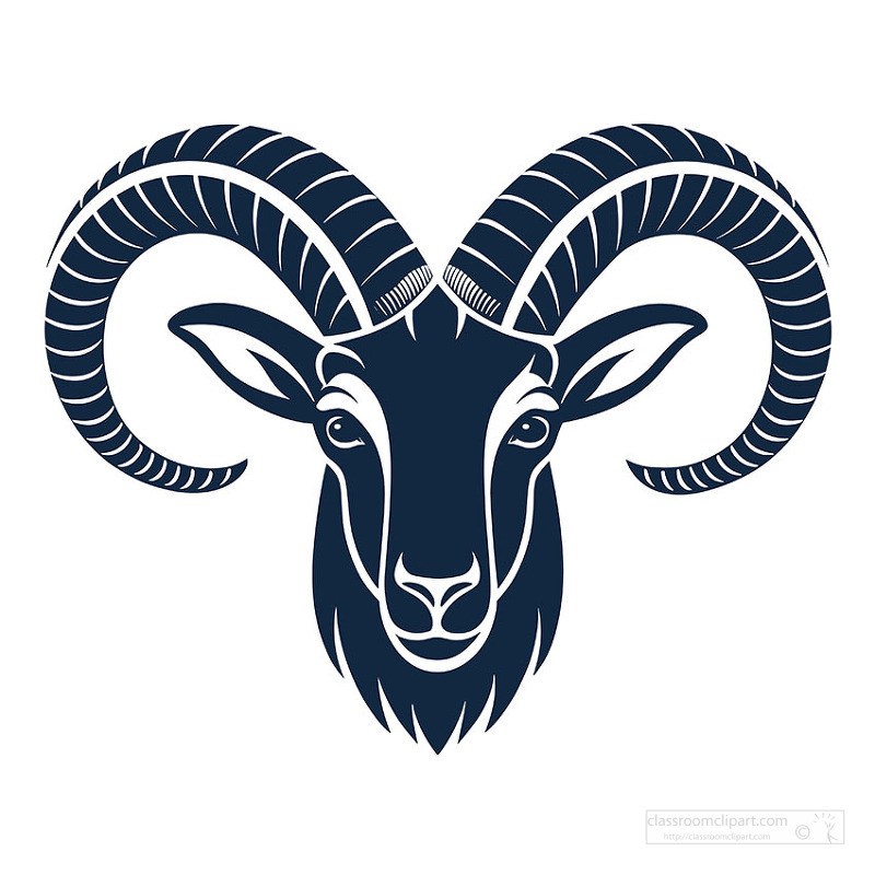 Bold ram head symbol with large curved horns representing zodiac sign