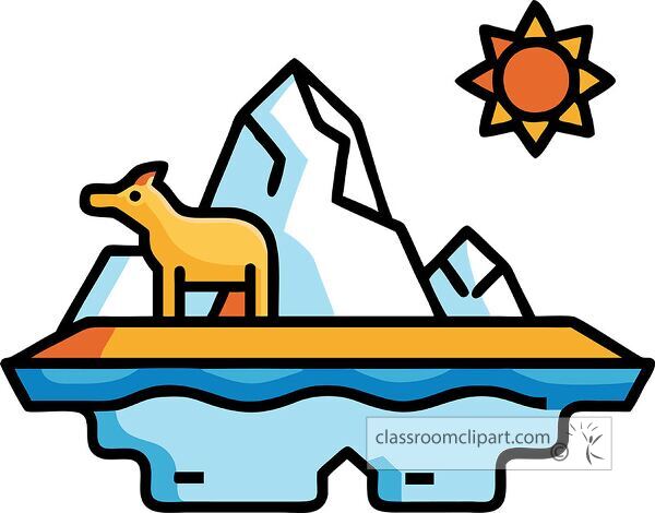 A stylized illustration of a golden dog standing on an iceberg with a bright sun in the background. The scene is colorful and cartoonish, depicting a sunny day in a polar environment.