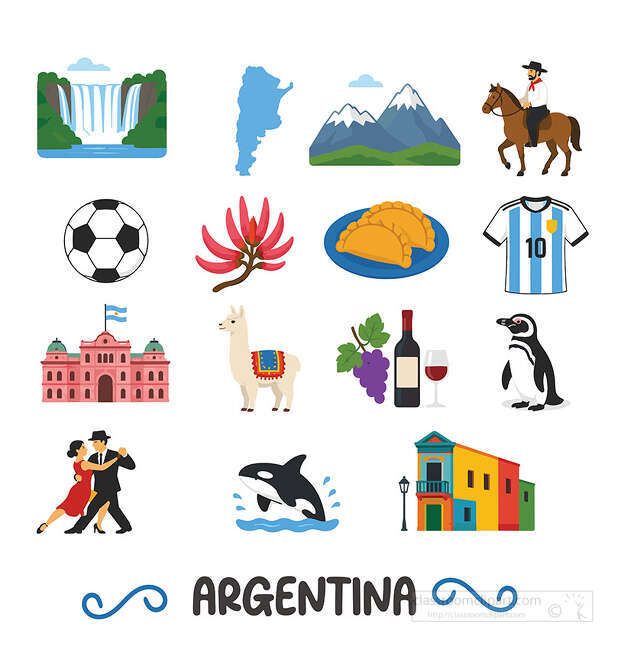 Argentina landmark icon set with map waterfall tango soccer empanadas llama wine penguin and colorful buildings