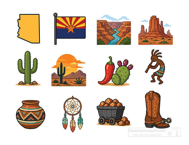 Arizona desert symbol icon set with state map flag canyon cactus sunset pottery dreamcatcher mine cart and cowboy boot