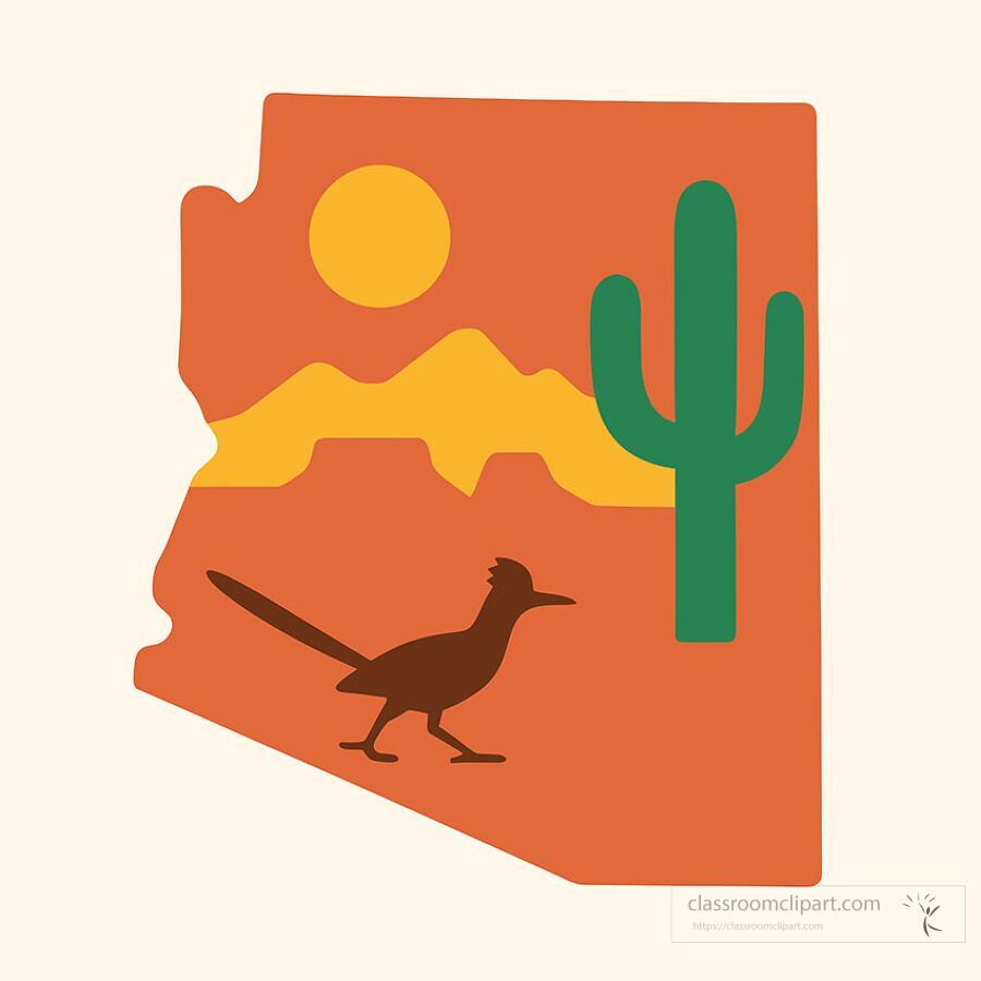 illustration of the state of Arizona with cactus sun mountains and roadrunner representing state symbols