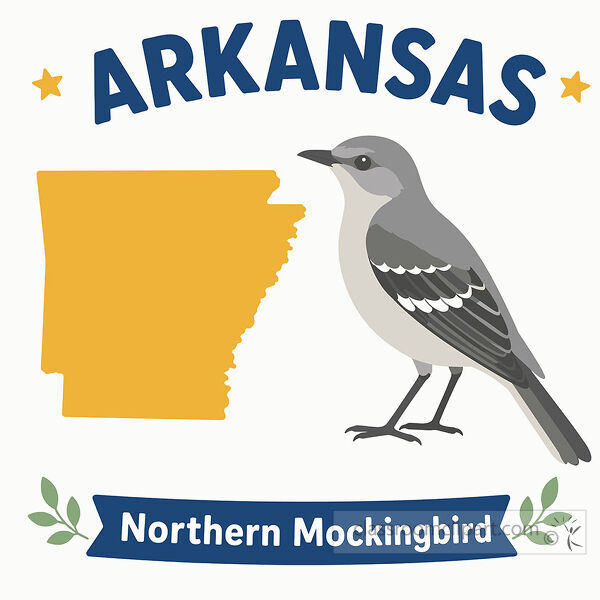 Arkansas state bird image with a yellow state map a gray northern mockingbird leaves stars and a blue name banner