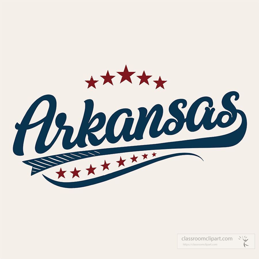 Vintage style Arkansas state name logo with decorative red stars perfect for educational and classroom projects
