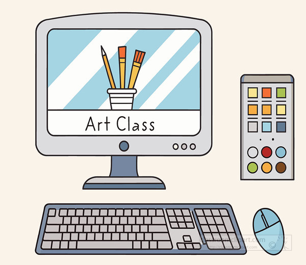 Cute illustration of an art class setup with a computer screen showing paintbrushes plus a keyboard mouse and color palette for creative learning