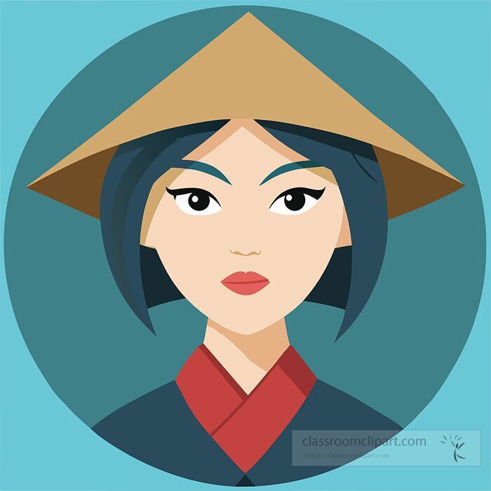 illustration of an asian woman with a conical hat wearing traditional attire in a cartoon style