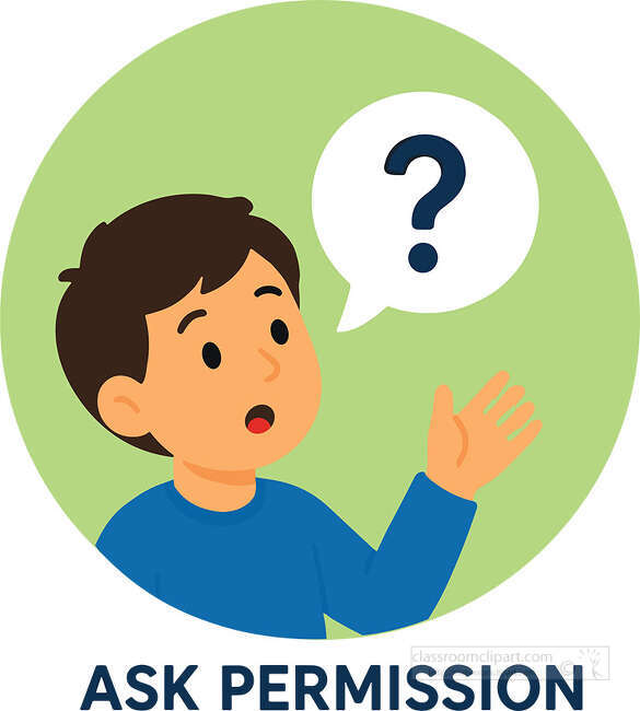 Boy raising his hand with a question mark speech bubble and Ask Permission text