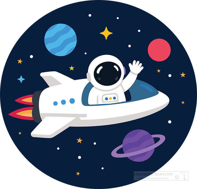 Astronaut waving from a white space shuttle with rocket flames planets stars and dark blue circular space background