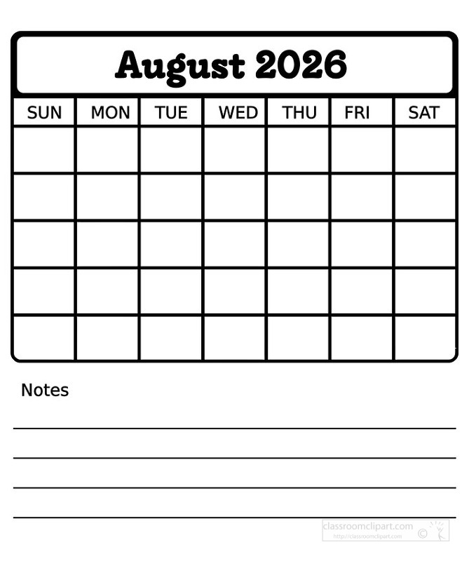 Black and white august 2026 calendar sheet that combines a clear monthly grid with lined notes at the bottom ideal for tracking events goals and important reminders