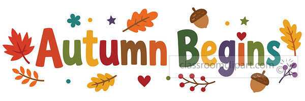 Colorful Autumn Begins word art with fall leaves acorns berries hearts stars and dots