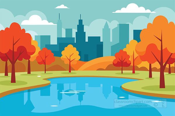 Vector illustration of a city park with autumn trees and water. Useful for teaching seasons, urban studies, and classroom projects