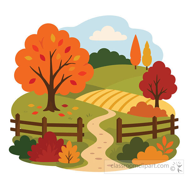 Winding country path passes wooden fences rolling fields and bright orange red and yellow trees beneath a pale blue sky