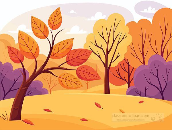 Vector illustration of a forest landscape with colorful autumn trees and falling leaves. Ideal for teaching seasons, nature studies, and art projects