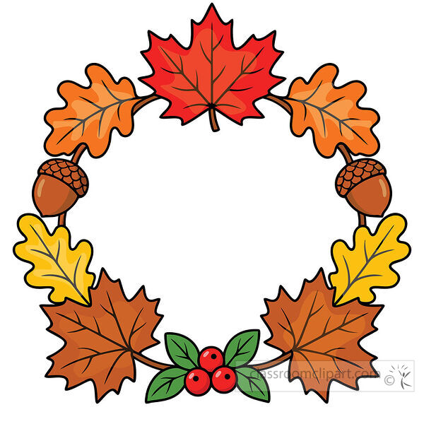 Autumn wreath with colorful maple and oak leaves acorns green foliage and red berries surrounding a blank center