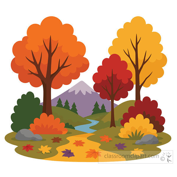 Colorful autumn trees surround a winding river and golden path leading toward distant purple mountains and green hills