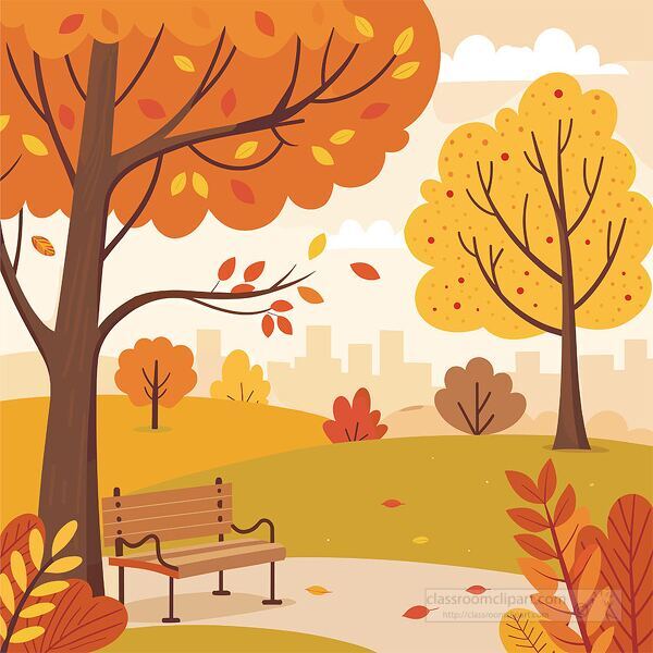 Vector illustration of a park with a bench and bright fall trees. Great for lessons on seasons, community studies, and classroom wall art