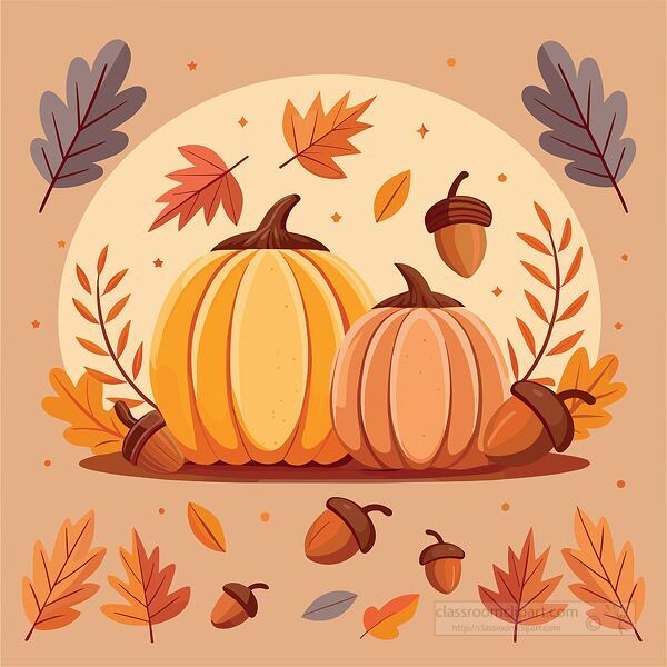 Rustic autumn illustration with pumpkins acorns and colorful falling leaves ideal for seasonal cards and fall themed artwork
