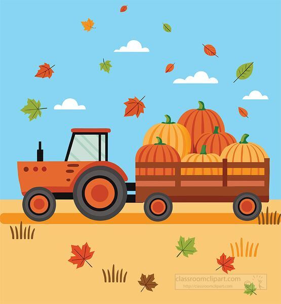 autumn design featuring a tractor carrying pumpkins surrounded by colorful fall leaves perfect for thanksgiving and seasonal crafts