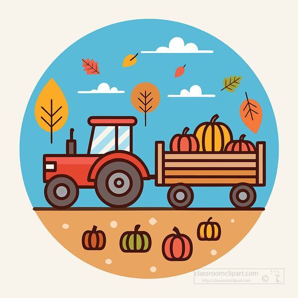 Illustration of a red tractor pulling a wagon full of pumpkins surrounded by falling autumn leaves great for harvest and thanksgiving