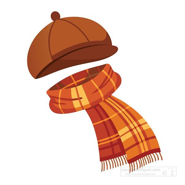 Wool hat and plaid scarf in warm fall colors clipart for autumn projects seasonal crafts and classroom use