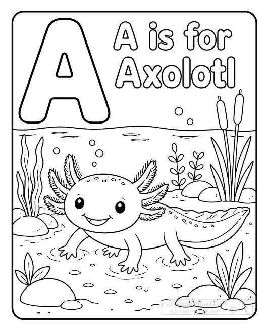 Black and white coloring page showing a smiling axolotl in a pond with reeds rocks bubbles and a large letter A