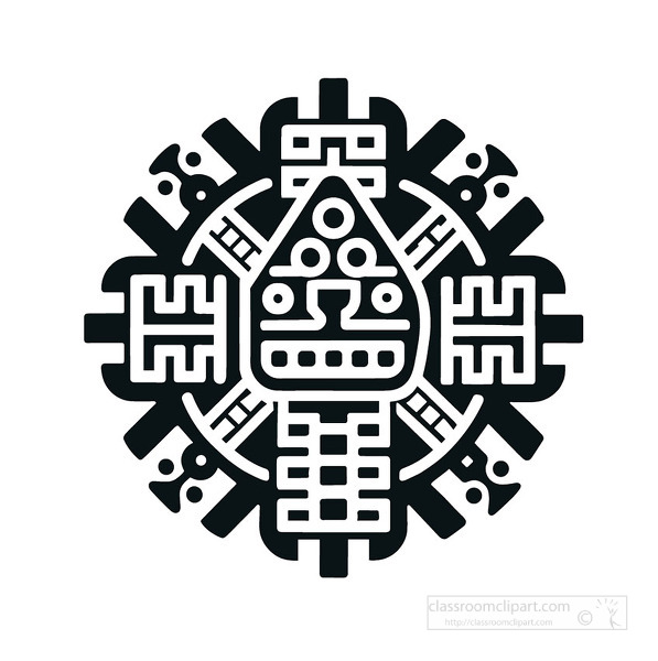 bold Aztec inspired sun symbol with geometric shapes in a traditional style