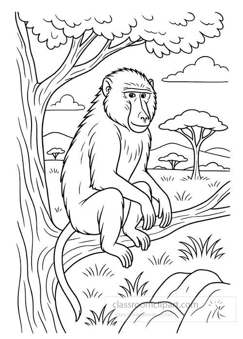 Baboon sitting in a tree in its natural habitat in Kenya Africa captured in a black and white coloring page