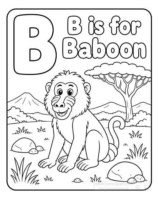 Black and white coloring page showing a smiling baboon sitting in a savanna scene with a large letter B and trees