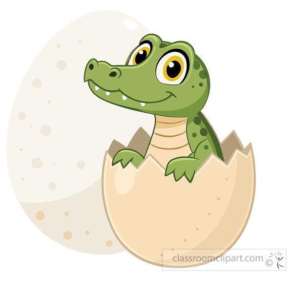 Smiling green baby crocodile peeking from a cracked eggshell with a large pale egg behind it