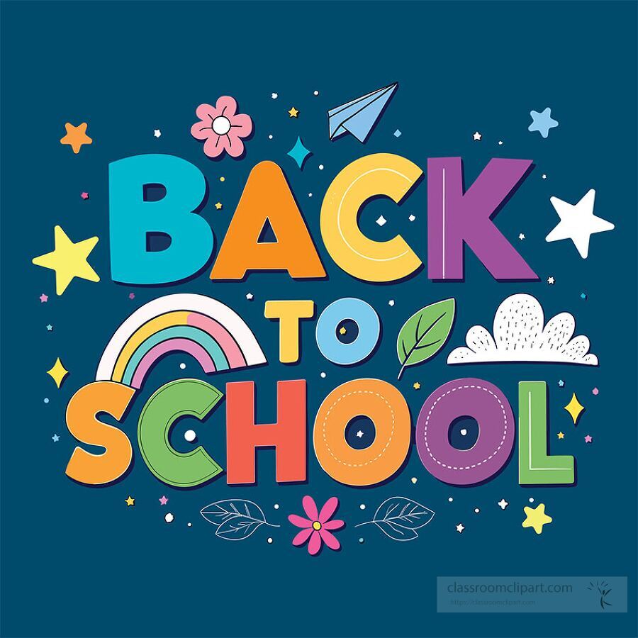 Bold and fun back to school vector design with rainbow colorful stars clouds and school themed decorations set against a navy background perfect for classroom displays and digital school materials