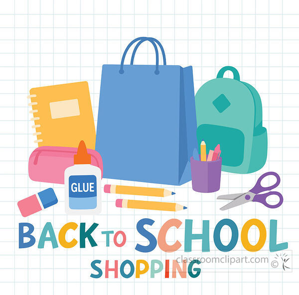 Back to school shopping clipart with a blue bag backpack notebook glue pencils scissors and classroom supplies