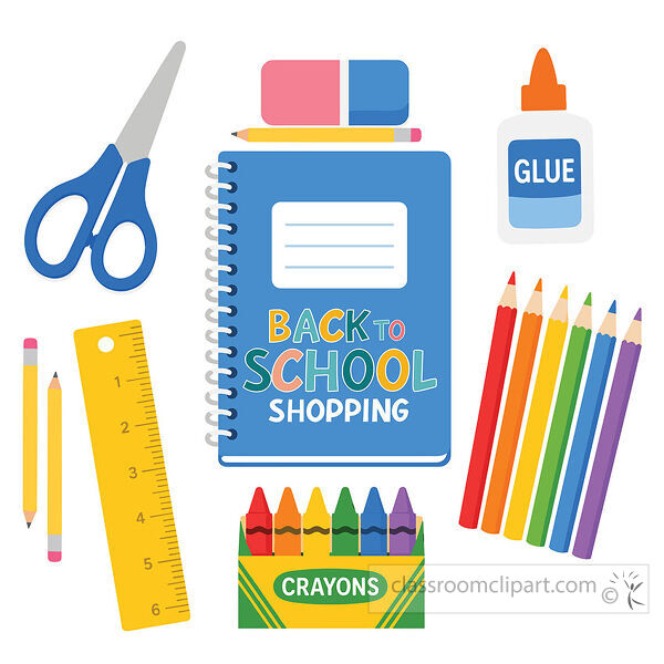 Back to school shopping clipart with a blue notebook crayons pencils rulers scissors glue and erasers