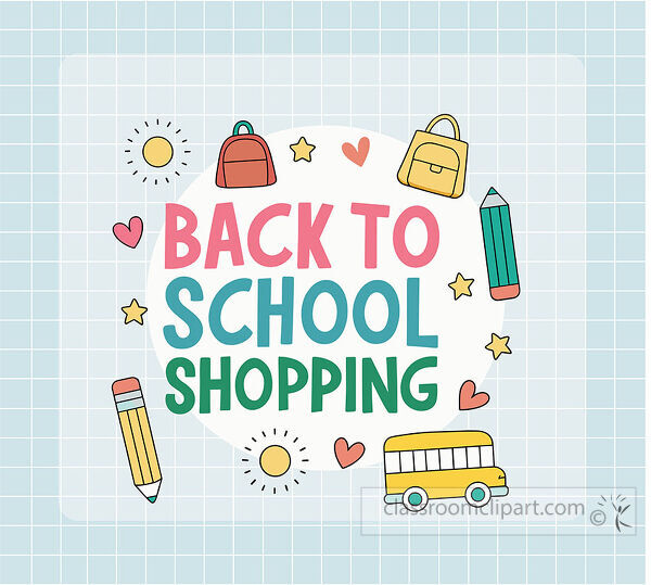 Colorful back to school shopping clipart on a blue grid with pencils backpacks hearts stars suns and a school bus