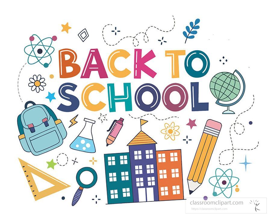 Educational back to school vector with colorful school supplies chemistry tools ruler magnifying glass and text arranged playfully for use in classroom decor or digital school resources