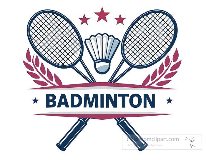 Flat vector logo of badminton showing two rackets crossed behind a shuttlecock ideal for clubs and tournaments