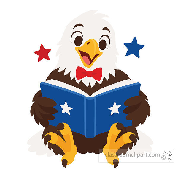 Smiling bald eagle wears a red bow tie while reading a blue book with white stars beside red and blue stars