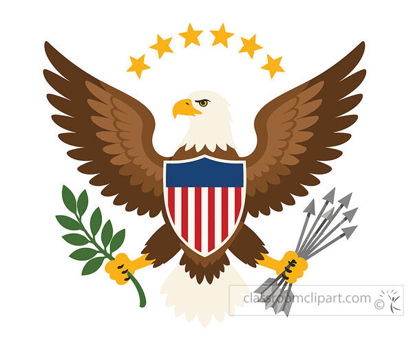 Bald eagle with spread wings holding a striped shield olive branch and bundle of arrows beneath yellow stars