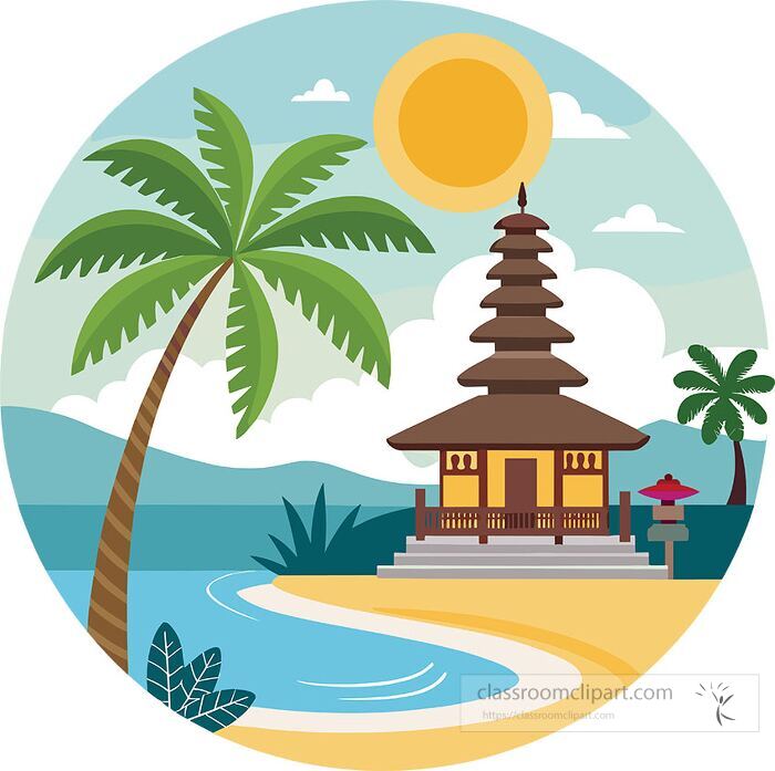 Colorful flat vector illustration of a Bali temple by the ocean with palm trees and sunshine representing Indonesian travel and tourism