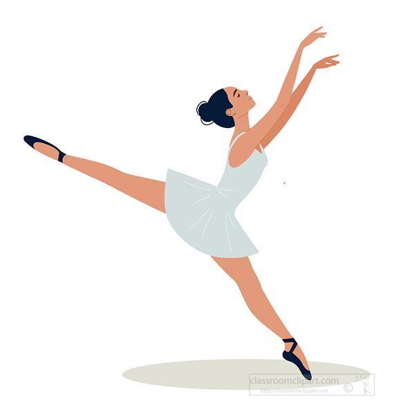 Cute flat illustration of a ballet dancer in a graceful pose wearing a white dress and ballet shoes. Perfect for dance education and art projects