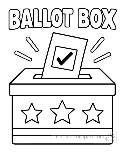 Ballot box coloring page with checked voting paper stars and bold ballot box text for election activities
