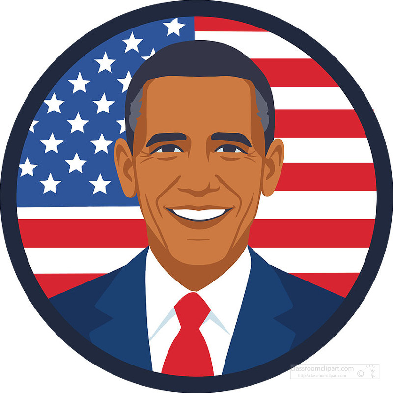 Modern illustrated portrait of Barack Obama smiling in front of the United States flag