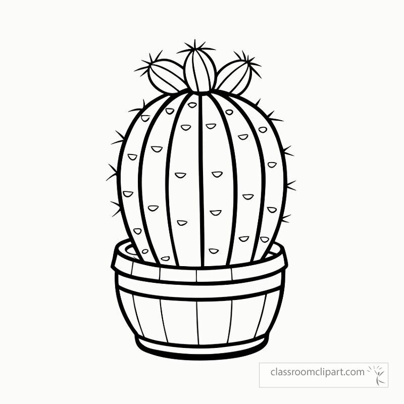 This black outline features a barrel cactus in a pot showcasing its distinct shape and spines. Ideal for coloring activities or craft projects. Perfect for all ages.