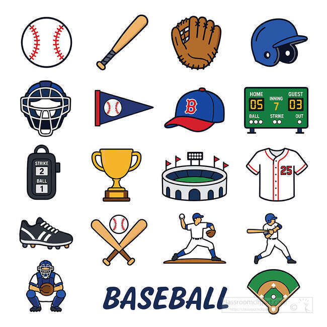 Baseball equipment icon set with ball bat glove helmet cap scoreboard trophy stadium jersey players catcher and field