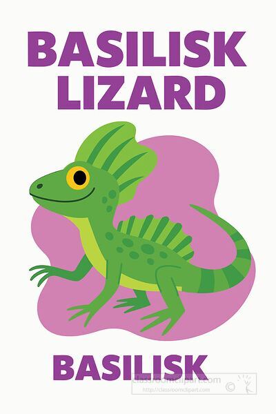 Cartoon basilisk lizard with crest illustration used for educational animal science and reptile learning resources
