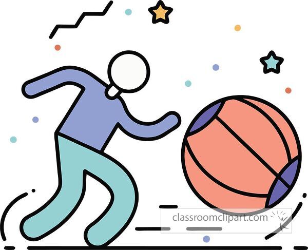 A colorful figure joyfully runs to catch a bouncing basketball.