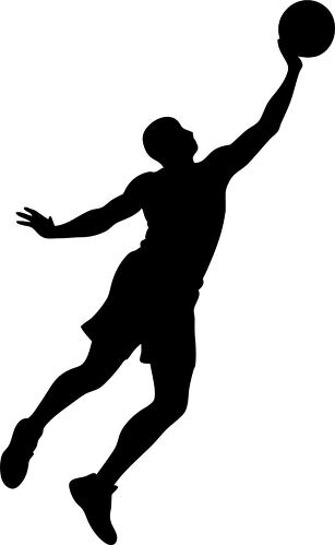 Silhouette of a basketball player leaping for a dunk on court