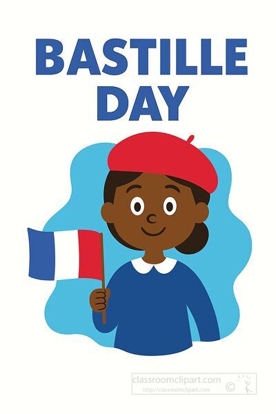Cute cartoon girl in a red beret holding the French flag celebrating Bastille Day educational clipart for kids and classrooms